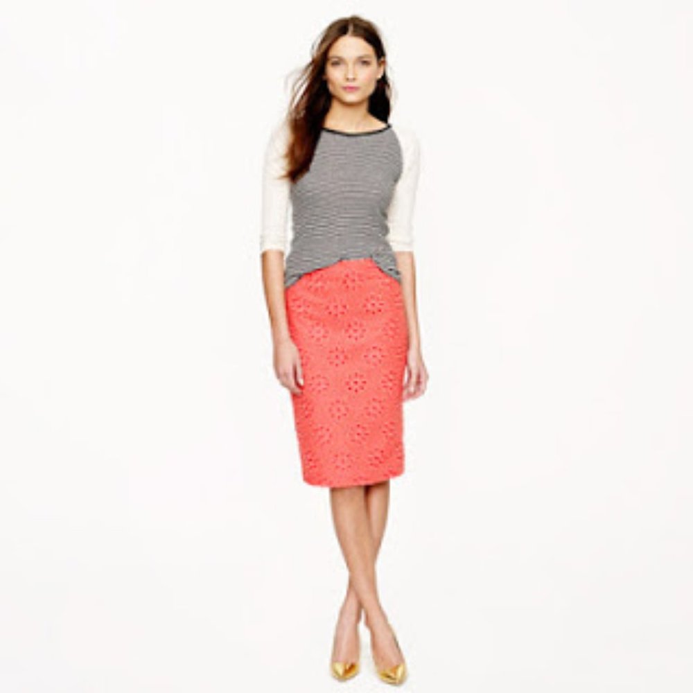 J. Crew coral Petite No. 2 Pencil Skirt Pinwheel Eyelet 2P Spring Easter Summer